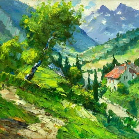 artmix01mountain landscape, in the foreground, an old tree, a path in the distance, in the valley, a village, trees, very detailed<lora:artmix01:1>