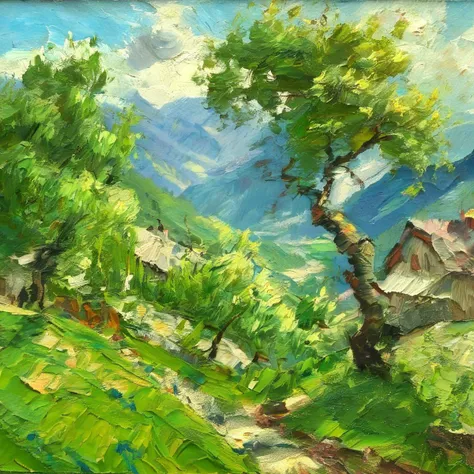 artmix01mountain landscape, in the foreground, an old tree, a path in the distance, in the valley, a village, trees, very detailed<lora:artmix01:1>