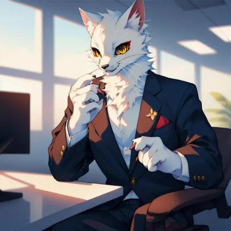 by reysi,high quality,ultra detailed,a male muscular cat,white fluffy fur,detailed yellow eyes,red eyeliner,red eyeshadow,shao qin,<lyco:shao_qin_fp16:0.8>,business suit,office