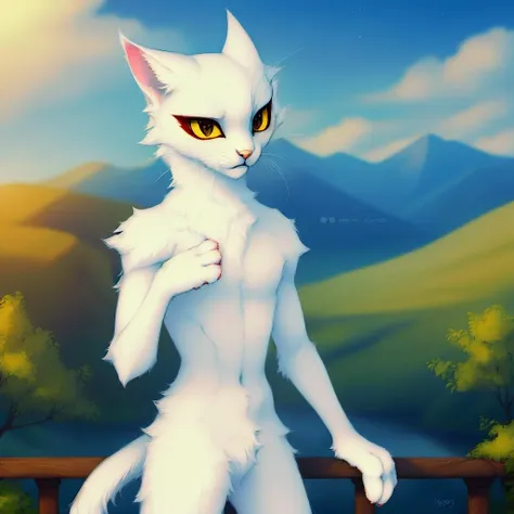 by reysi,high quality,ultra detailed,a male muscular furry polar cat,white fur,red eyeliner,detailed yellow eyes,shao qin,<lyco:shao_qin_fp16:1>,standing,landscape background,