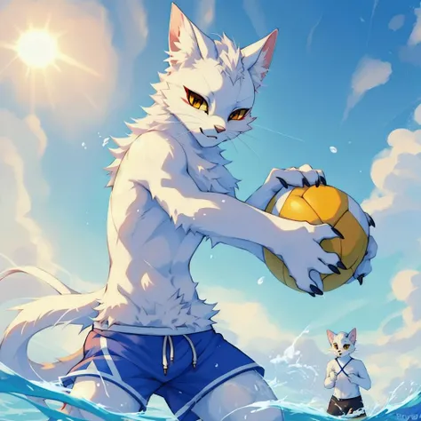 by reysi,high quality,ultra detailed,a male cat,white fluffy fur,detailed yellow eyes,red eyeliner,red eyeshadow,shao qin,<lyco:shao_qin_fp16:0.8>,sunshine beach,swimming trunks,volleyball,