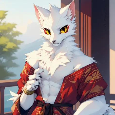 by reysi,high quality,ultra detailed,a male muscular cat,white fluffy fur,detailed yellow eyes,red eyeliner,red eyeshadow,shao qin,<lyco:shao_qin_fp16:0.8>,chinese dress,