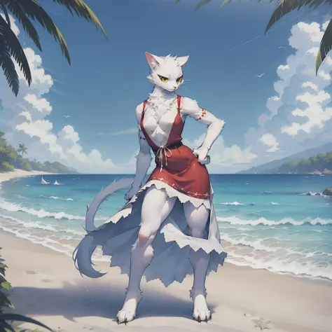 realistic,high quality,ultra detailed,a female furry cat,white fur,yellow eyes,red eyeshadow,red lower eyeliner,<lyco:shao_qin_at:0.8>,beach,summer dress,middle breasts,standing,pose,