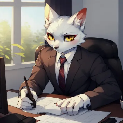 by yuumei,high quality,ultra detailed,a male furry cat,white fur,yellow eyes,red lower eyeliner,red eyeshadow,<lyco:shao_qin_at:0.8>,business uniform,office,