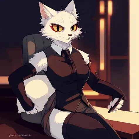 by reysi,high quality,ultra detailed,a female furry cat,white fur,yellow eyes,red eyeliner,<lora:shao_qin_ht:1>,middle breasts,business uniform,elbow gloves,legwears,playboy uniform,