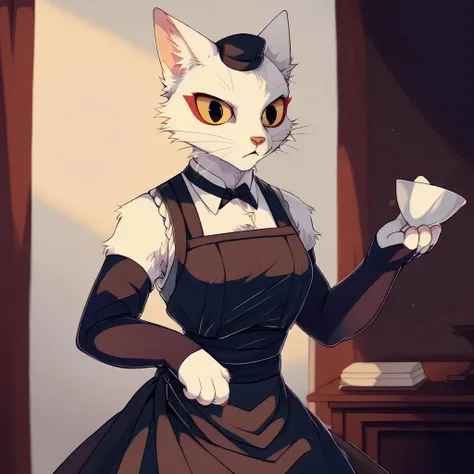 by reysi,high quality,ultra detailed,a female furry cat,white fur,yellow eyes,red eyeliner,<lora:shao_qin_ht:1>,middle breasts,business uniform,elbow gloves,legwears,maid uniform,