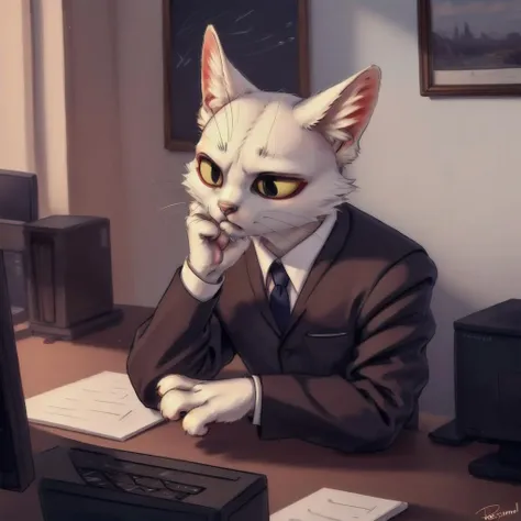 by personalami, <lora:shao_qin_kz:1>,a furry cat,white fur,yellow body,red eyeliner,Office, suit, sitting in front of the computer, tired expression, ears drooping ,