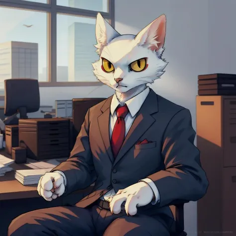 ,high quality,ultra detailed,a furry cat,white fur,yellow eyes,red eyeshawow, <lora:shao_qin_a5:1>,full body,sitting,office,business uniform