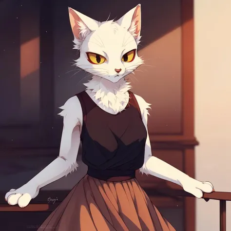 by reysi,high quality,ultra detailed,a female furry cat,white fur,yellow eyes,red eyeliner,<lora:shao_qin_ht:1>,middle breasts,summer_long_skirt,