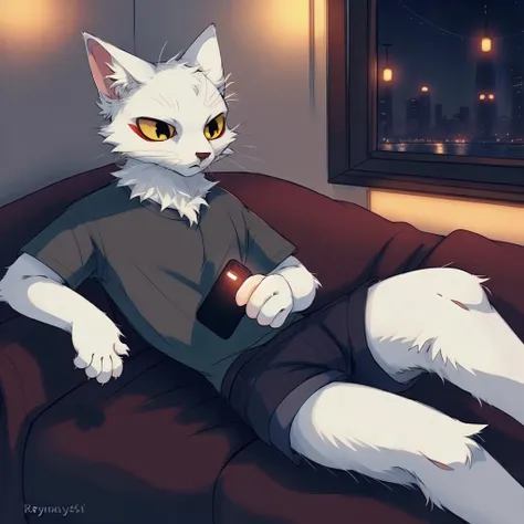 by reysi,high quality,ultra detailed,a furry cat,white fur,yellow eyes,red eyeliner,<lora:shao_qin_ht:1>,city night view,shorts,t-shirt,lying on the sofa by the window,playing with phone,