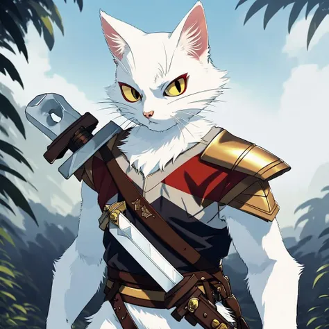 high quality,ultra detailed,a furry cat,white fur,detailed yellow eyes,red eyeshadow, <lora:shao_qin_yif:1>,armor,sword