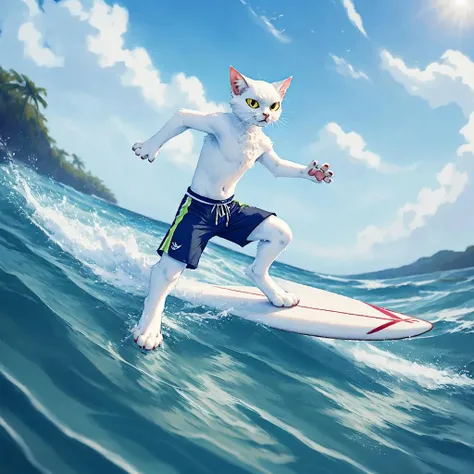 high quality,ultra detailed,a furry cat,white fur,detailed yellow eyes,red lower eyeliner, <lora:shao_qin_yif:0.8>,swimming trunks,in water,surfboard,surfing