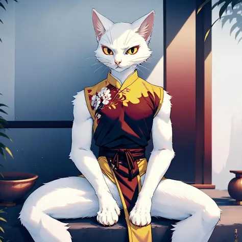 high quality,ultra detailed,a furry cat,white fur,detailed yellow eyes,red eyeshadow, <lora:shao_qin_yif:1>,full body,sitting,chinese clothing