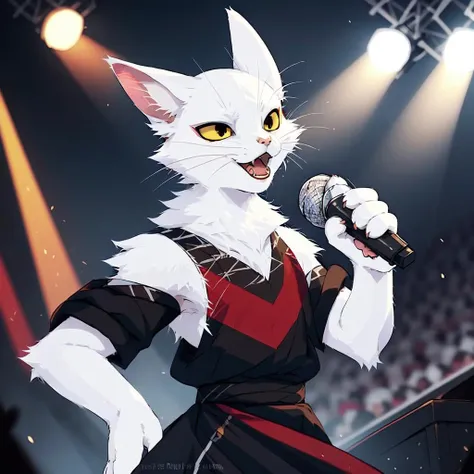 by reysi,high quality,ultra detailed,a furry cat,white fur,detailed yellow eyes,red lower eyeliner, <lora:shao_qin_yif:1>,Concert, microphone, clothing