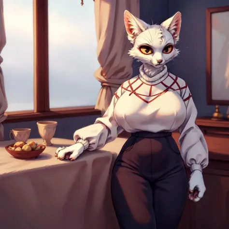 sfw,by personalami,by reysi, <lora:shao_qin_kz:1>,a msture female furry cat,white fur,yellow body,red eyeliner,big breasts,High-waisted pants,thin sweater,