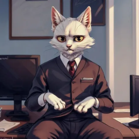 by personalami, <lora:shao_qin_kz:1>,a furry cat,white fur,yellow body,red eyeliner,Office, suit, sitting in front of the computer, tired expression, worried about work