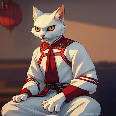 ,high quality,ultra detailed,a furry cat,white fur,yellow eyes,red eyeshawow, <lora:shao_qin_a5:1>,full body,sitting,chinese clothing