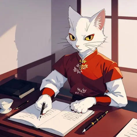 high quality,ultra detailed,a furry cat,white fur,detailed yellow eyes,red lower eyeshadow, <lora:shao_qin_yif:1>,chinese clothing,desk,pen,writing,smile