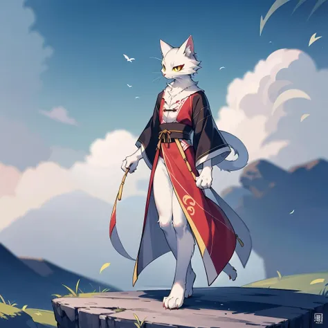 ,high quality,ultra detailed,solo,a furry cat,white fur,detailed yellow eyes,red eyeshawow,red eyeliner, <lora:shao_qin_a5:0.7>,full body,landscape,chinese clothing