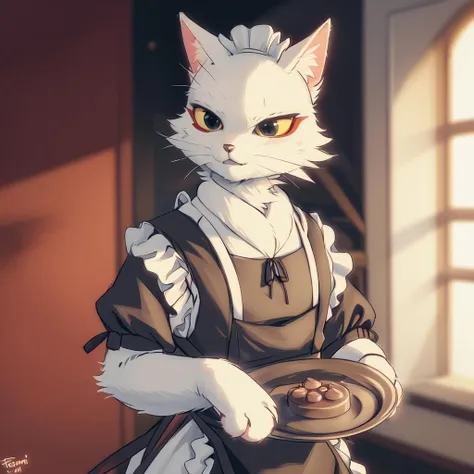 by inplasm,by personalami,uploaded on e621,8k ris,high quality,ultra detailed,solo,a male furry cat,shao_qin,detailed eyes,red eyeliner,<lora:shao_qin_sx:1>,maid uniform,