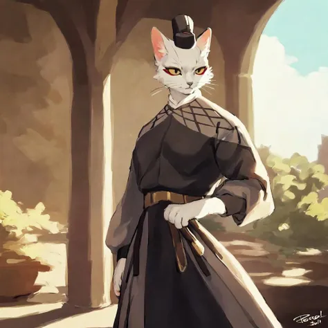 by bebebebebe,by personalami,(hi res),((masterpiece)),((best quality)),e621,a furry cat,white fur,yellow eyes,red eyeliner,guan fu uniform,full body,<lora:shao_qin_lk:1>,an artistic background,