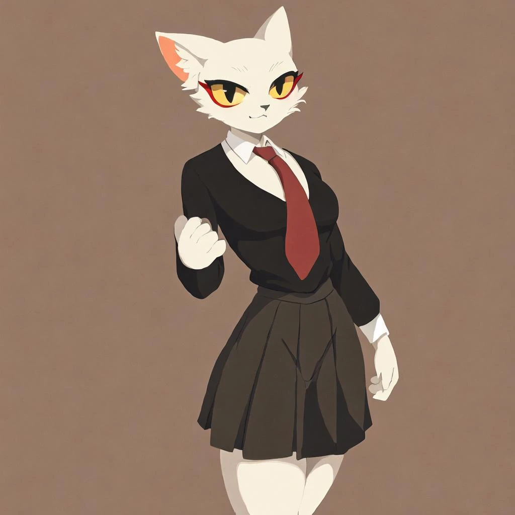 by inkplasm,(hi res),((masterpiece)),((best quality)),e621,a furry cat,white fur,yellow eyes,red eyeliner,school uniform,skirt,shitr,thigthighs,tie,full body,<lora:shao_qin_lk:1>,