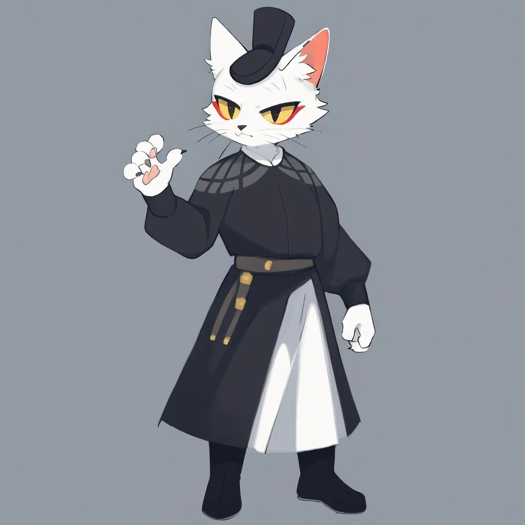 by woolrool,by inkplasm,by loonanudes,(hi res),((masterpiece)),((best quality)),e621,a furry cat,white body,yellow eyes,red eyeliner,<lora:shao_qin_lk:1>,guan_fu uniform,full body,