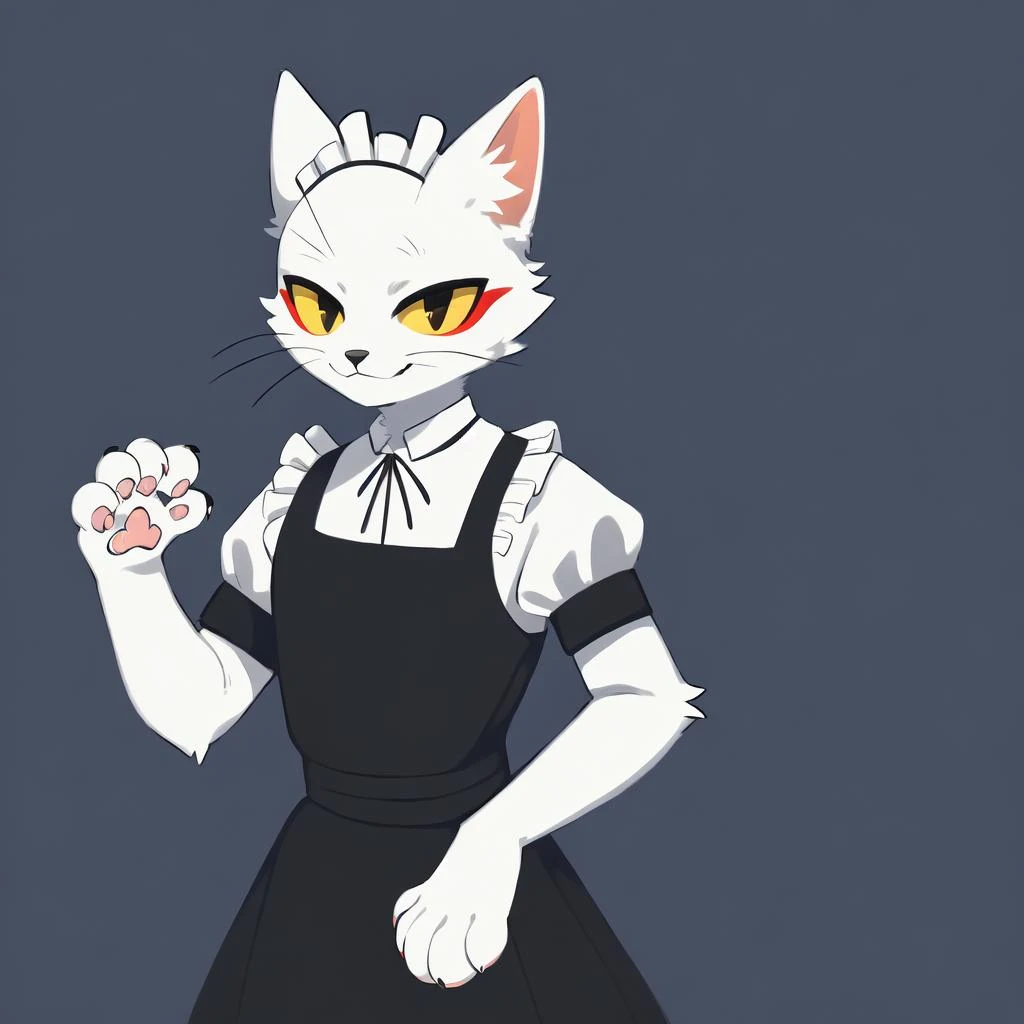 by woolrool,by inkplasm,by loonanudes,(hi res),((masterpiece)),((best quality)),e621,a furry cat,white fur,yellow eyes,red eyeliner,<lora:shao_qin_lk:1>,maid uniform,smile,paw_pose,