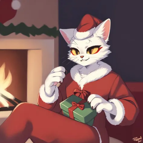 by personalami,by inkplasm,by loonanudes,(hi res),((masterpiece)),((best quality)),e621,a furry cat,white body,yellow eyes,red eyeliner,<lora:shao_qin_lk:1>,smile,half closed eyes,christmas,christmas_tree,illumination,fireplace,gift,loungewear,