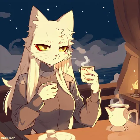 hi ris,masterpiece,best quality,female,furry,cat,white fur,yellow eyes,red eyeliner,long hair,<lora:shao_qin_116:1>,guan_fu,by inkplasm,a cup of hot tea,water vapor,coldness,in winter,