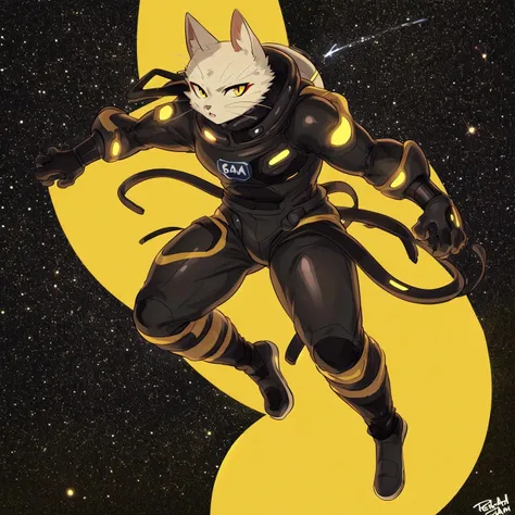 hi ris,masterpiece,best quality,muscular,furry,cat,white fur,yellow eyes,red eyeliner,<lora:shao_qin_116:1>,by inkplasm,by personalami,by buta99,spacewalk,the vast starry sky,various planets,a heavy space suit,