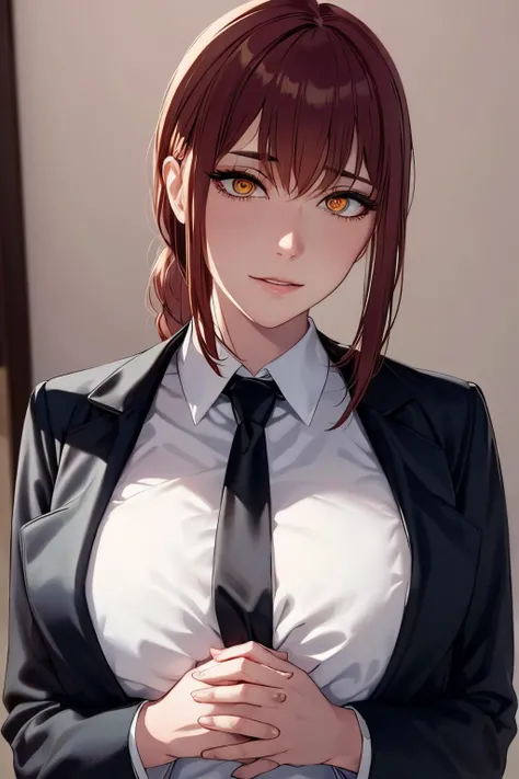 (view from front) woman Standing with hands clasped in front of chest, (shirt, tie, pants:0.5) (detailed realistic face), (((hyperdetailed))), zoomed out, symmetrical face, detailed pupil, expressive eyes, makeup, real photography, modern look, Real photography (Realisitc:1.5)  <lora:EdobMakima_v1.0:0.8>