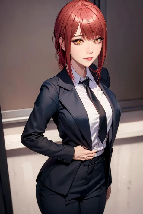 (view from right side) woman Standing with arms crossed over chest, (shirt, tie, pants:0.5) (detailed realistic face), (((hyperdetailed))), zoomed out, symmetrical face, detailed pupil, expressive eyes, makeup, real photography, modern look, Real photography (Realisitc:1.5) <lora:EdobMakima_v1.0:0.8>