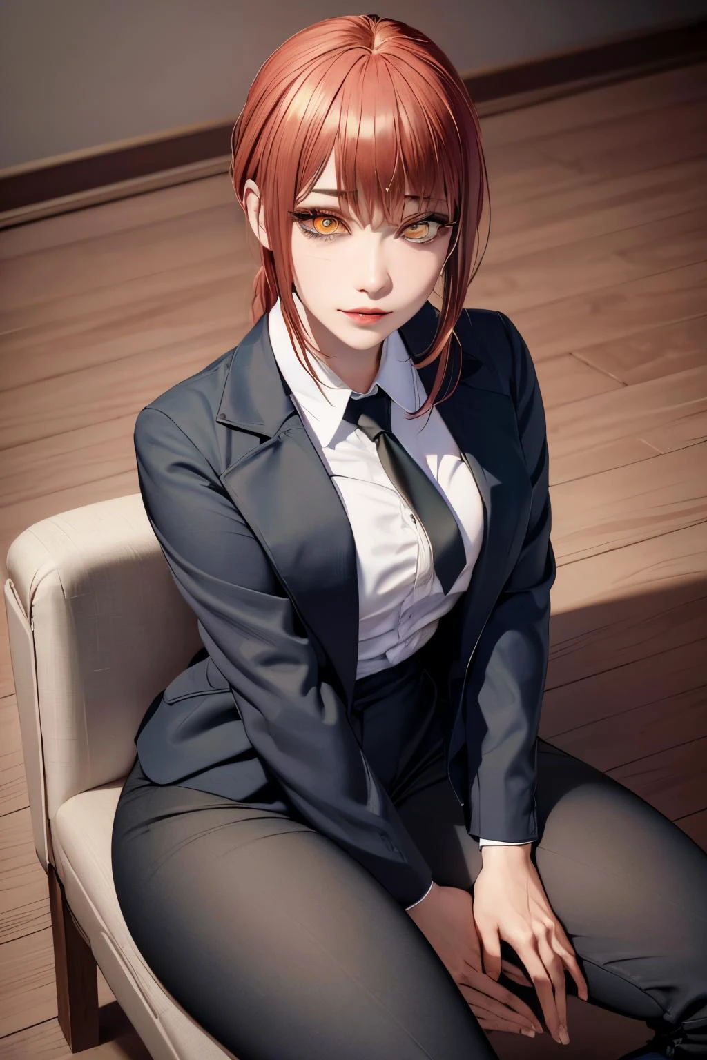 (view from top) woman Sitting on a chair with legs bent and feet flat on the floor, with hands resting on knees, (shirt, tie, pants:0.5) (detailed realistic face), (((hyperdetailed))), zoomed out, symmetrical face, detailed pupil, expressive eyes, makeup, real photography, modern look, Real photography (Realisitc:1.5) <lora:EdobMakima_v1.0:0.8>