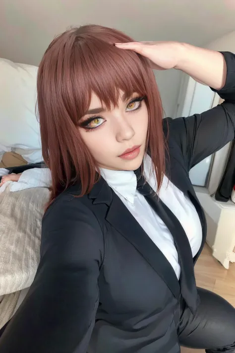 (view from top) woman Lying on side with head propped up on hand, ((shirt, tie, pants):0.5) (detailed realistic face), (((hyperdetailed))), zoomed out, symmetrical face, detailed pupil, expressive eyes, makeup, real photography, modern look, Real photography (Realisitc:1.5) <lora:EdobMakima_v1.0:0.8> <lora:AlenkaPelenka_v1.0:0.5>