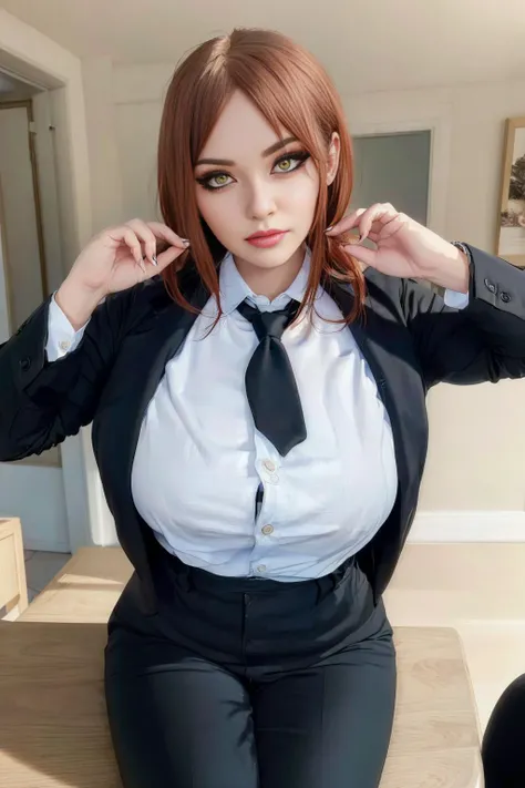 (view from front) woman Standing with one foot raised and resting on a chair, ((shirt, tie, pants):0.5) (detailed realistic face), (((hyperdetailed))), zoomed out, symmetrical face, detailed pupil, expressive eyes, makeup, real photography, modern look, Real photography (Realisitc:1.5) <lora:EdobMakima_v1.0:0.8> <lora:AlenkaPelenka_v1.0:0.5>