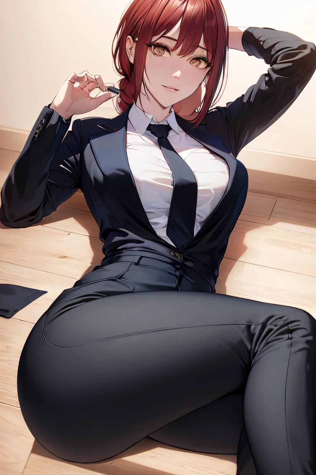 (view from front) woman Lying on back with one leg bent and foot flat on the floor, (shirt, tie, pants:0.5) (detailed realistic face), (((hyperdetailed))), zoomed out, symmetrical face, detailed pupil, expressive eyes, makeup, real photography, modern look, Real photography (Realisitc:1.5) <lora:EdobMakima_v1.0:0.8>