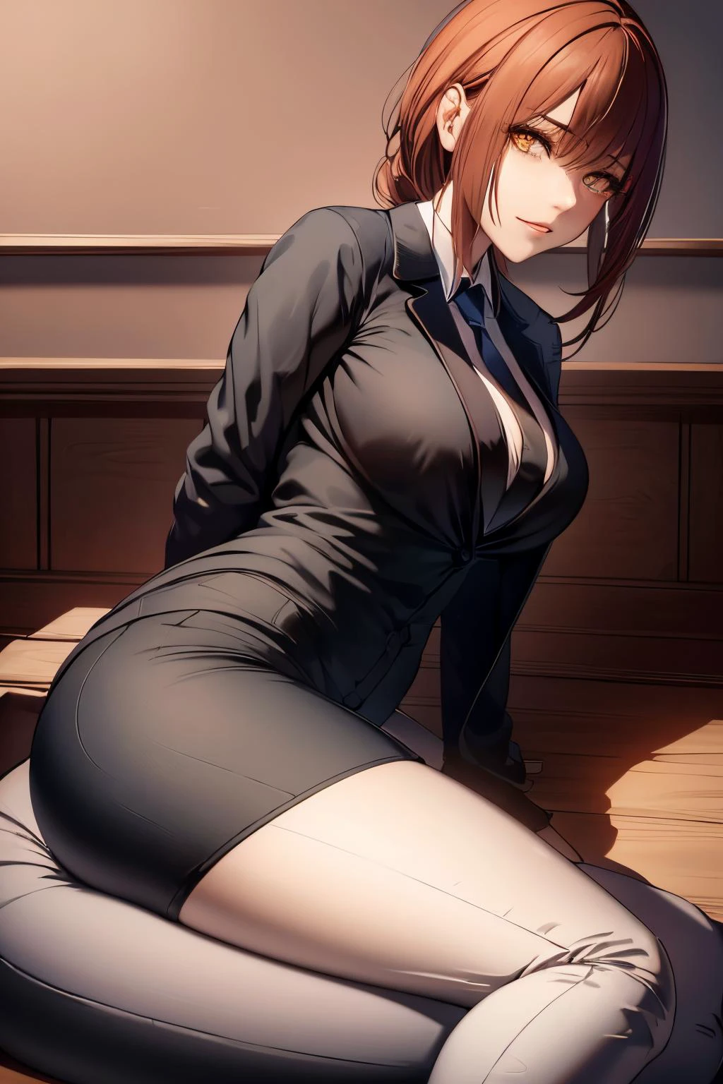 (view from right side) woman Sitting with one leg bent and foot resting on opposite thigh, with arms crossed over chest, (shirt, tie, pants:0.5) (detailed realistic face), (((hyperdetailed))), zoomed out, symmetrical face, detailed pupil, expressive eyes, makeup, real photography, modern look, Real photography (Realisitc:1.5) <lora:EdobMakima_v1.0:0.8>