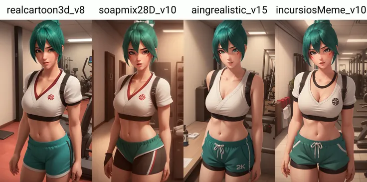 (masterpiece, best quality), intricate details,
1girl, <lora:kirikobetterV:0.6> owkiriko, , green hair:0.6, glowing eyes,
indoors, gym, sweating, sports bra, bike shorts, boob sweat, cleavage,
realistic, realism, photorealism, photo-realistic, high contrast, (photorealistic:1.4), 8k high definition detailed realistic, (best quality, masterpiece:1.2), NSFW, photon mapping, radiosity, physically-based rendering, best quality, highly detailed,