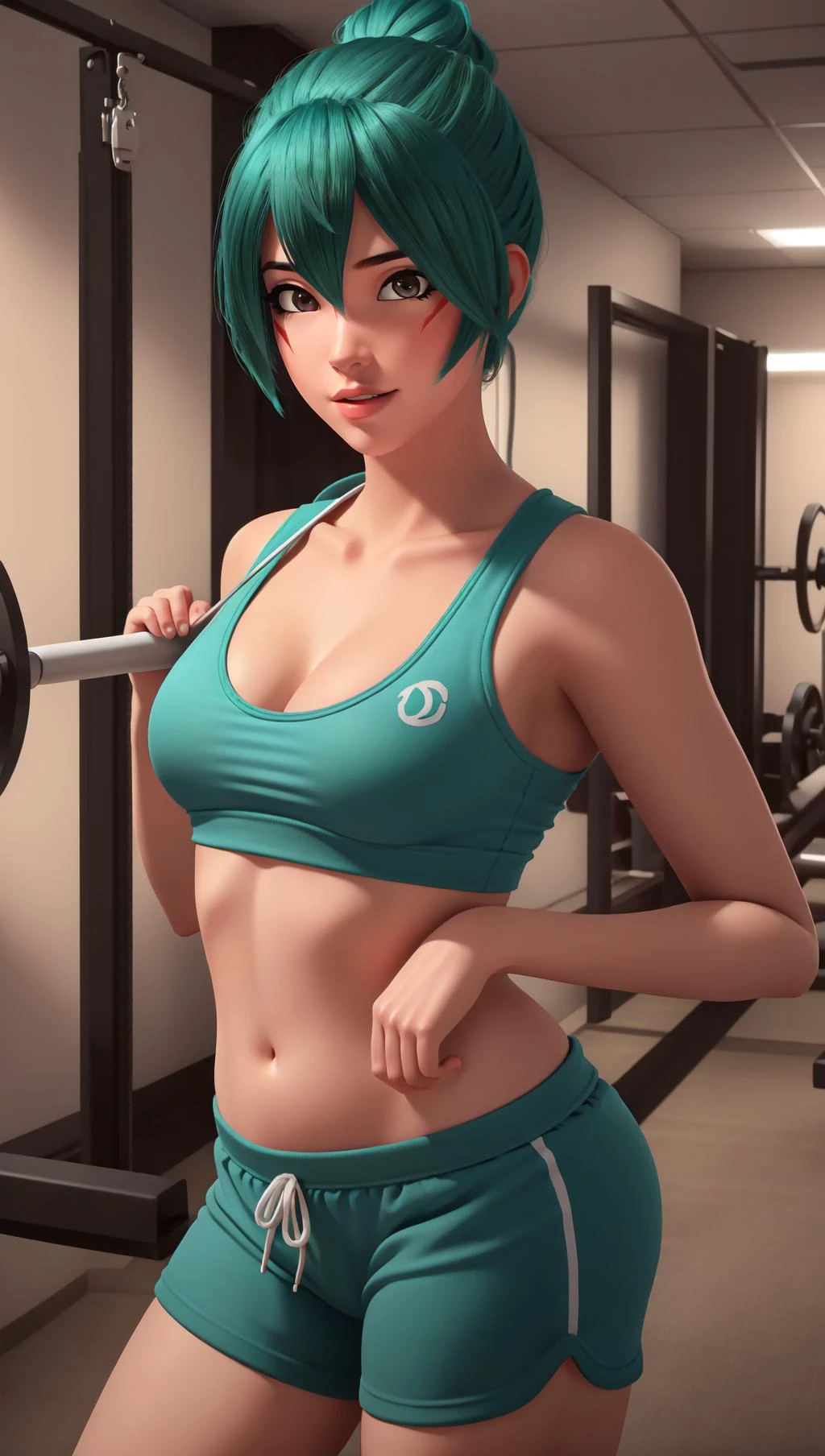 (masterpiece, best quality), intricate details,
1girl, <lora:kirikobetterV:0.6> owkiriko, , green hair:0.6, glowing eyes,
indoors, gym, sweating, sports bra, bike shorts, boob sweat, cleavage,
realistic, realism, photorealism, photo-realistic, high contrast, (photorealistic:1.4), 8k high definition detailed realistic, (best quality, masterpiece:1.2), NSFW, photon mapping, radiosity, physically-based rendering, best quality, highly detailed,