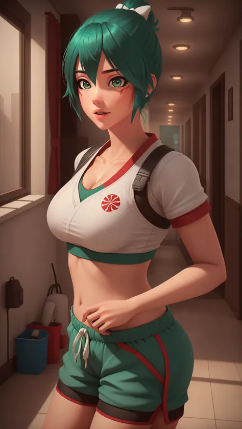 (masterpiece, best quality),  intricate details,
1girl,    <lora:kirikobetterV:0.6> owkiriko, , green hair:0.6, glowing eyes, 
indoors, gym, sweating, sports bra, bike shorts, boob sweat, cleavage, 
realistic, realism, photorealism, photo-realistic, high contrast, (photorealistic:1.4), 8k high definition detailed realistic, (best quality, masterpiece:1.2), NSFW, photon mapping, radiosity, physically-based rendering, best quality, highly detailed,