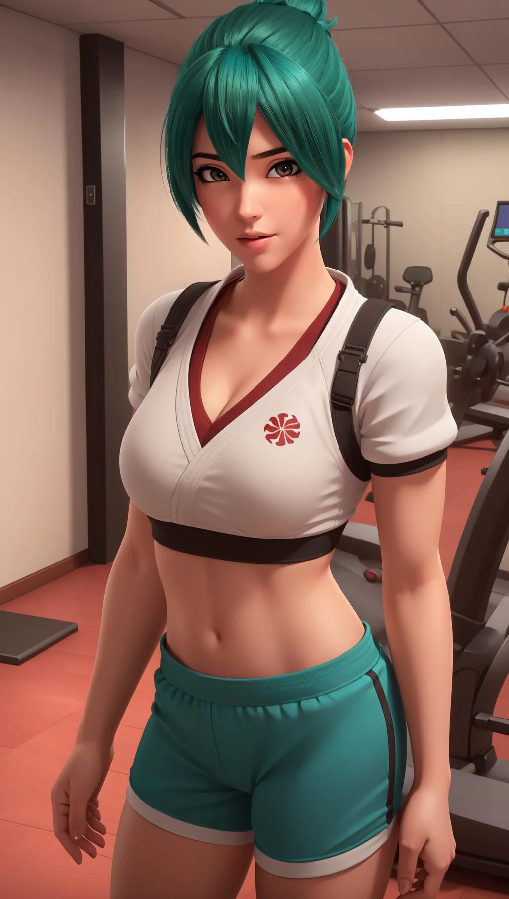 (masterpiece, best quality), intricate details,
1girl, <lora:kirikobetterV:0.6> owkiriko, , green hair:0.6, glowing eyes,
indoors, gym, sweating, sports bra, bike shorts, boob sweat, cleavage,
realistic, realism, photorealism, photo-realistic, high contrast, (photorealistic:1.4), 8k high definition detailed realistic, (best quality, masterpiece:1.2), NSFW, photon mapping, radiosity, physically-based rendering, best quality, highly detailed,
