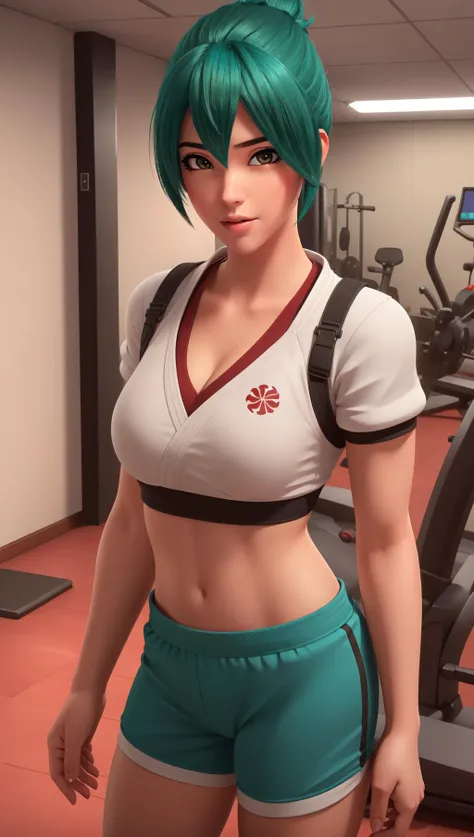 (masterpiece, best quality),  intricate details,
1girl,    <lora:kirikobetterV:0.6> owkiriko, , green hair:0.6, glowing eyes, 
indoors, gym, sweating, sports bra, bike shorts, boob sweat, cleavage, 
realistic, realism, photorealism, photo-realistic, high contrast, (photorealistic:1.4), 8k high definition detailed realistic, (best quality, masterpiece:1.2), NSFW, photon mapping, radiosity, physically-based rendering, best quality, highly detailed,