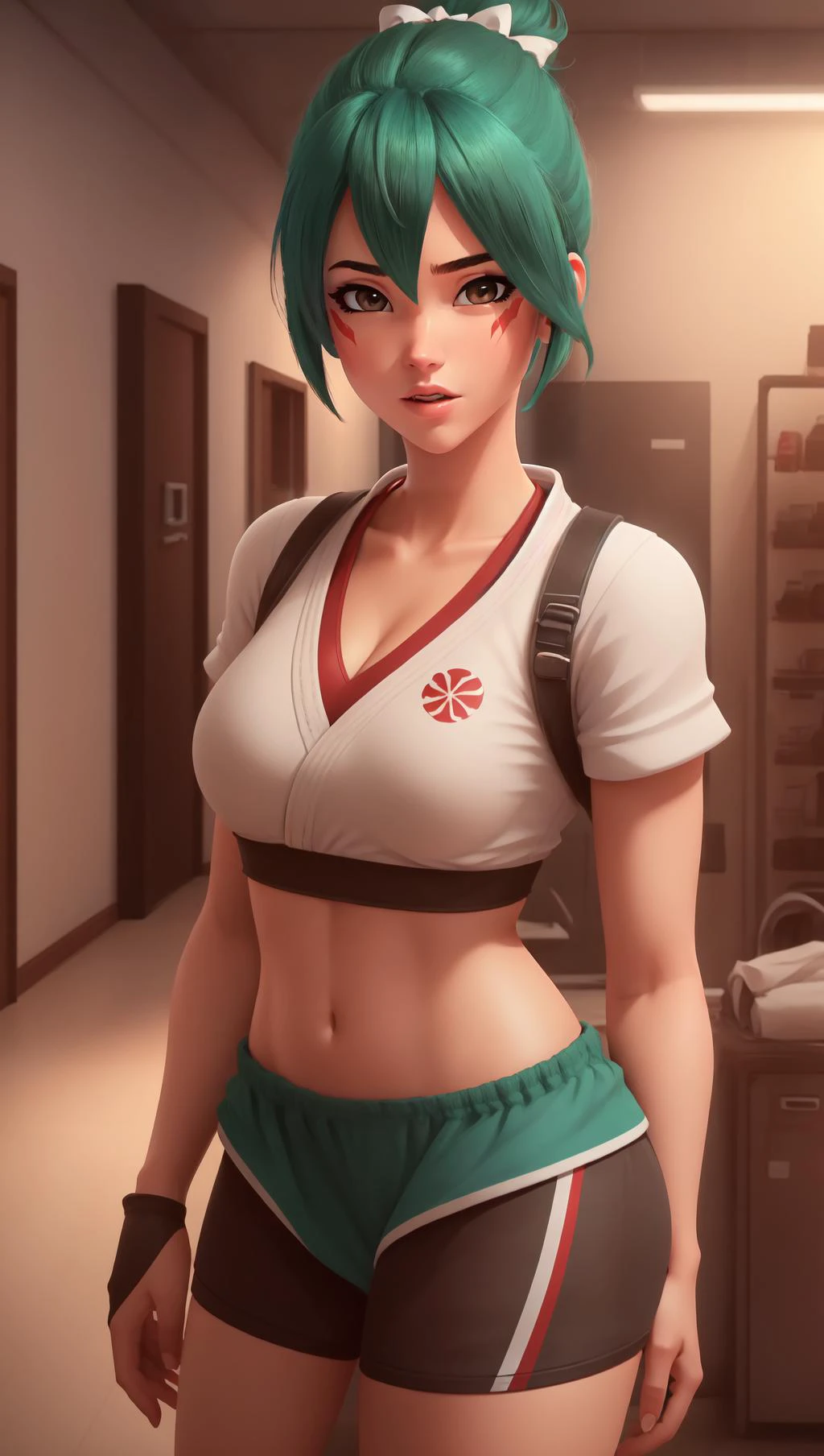 (masterpiece, best quality), intricate details,
1girl, <lora:kirikobetterV:0.6> owkiriko, , green hair:0.6, glowing eyes,
indoors, gym, sweating, sports bra, bike shorts, boob sweat, cleavage,
realistic, realism, photorealism, photo-realistic, high contrast, (photorealistic:1.4), 8k high definition detailed realistic, (best quality, masterpiece:1.2), NSFW, photon mapping, radiosity, physically-based rendering, best quality, highly detailed,