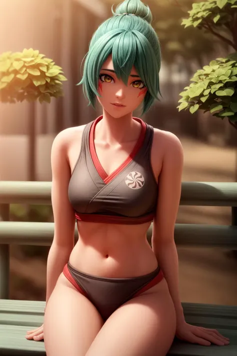 (realistic:1.3), owkiriko, green hair:0.6, ((glowing eyes:1.2)), navel, sexy, gym clothes, face paint, looking at viewer, at a park bench, shaded spot, scenic view, relaxation, detailed background, unreal engine, 3d, octane render, sharp details, <lora:kirikobetterV:0.65>, <lora:add_detail:1.3>