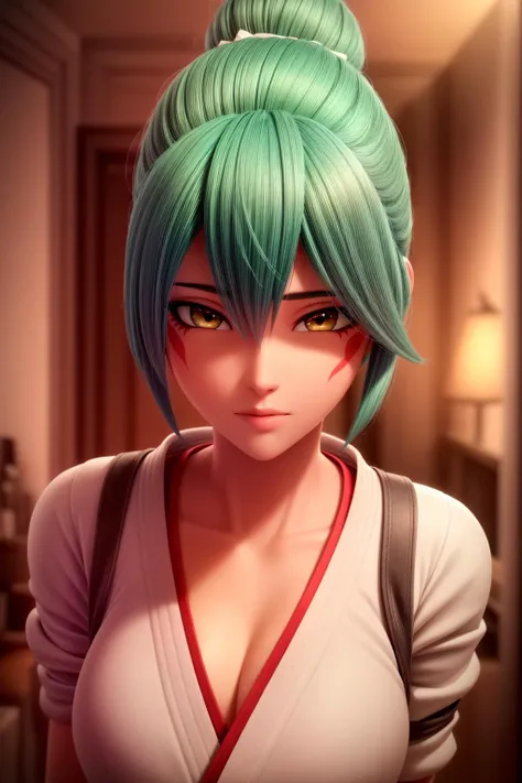 (realistic:1.3), owkiriko, green hair:0.6, ((glowing eyes:1.2)), sexy, face paint, looking at viewer, at a antique shop, vintage treasures, nostalgia, collectibles, detailed background, unreal engine, 3d, octane render, sharp details, <lora:kirikobetterV:0.65>, <lora:add_detail:1.3>