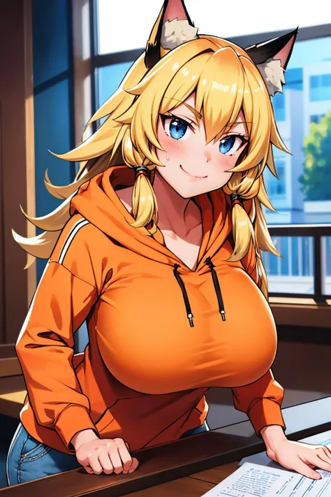 masterpiece, best quality,  <lora:nyannyan-nvwls-v1-000010:0.8> nyannyan, blonde hair, blue eyes, cat ears, bell, large breasts, smug, smile, indoors, upper body, orange hoodie, sweatpants, leaning forward