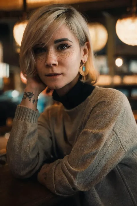 <lora:zayuri:1> Zayuri posing in a cafe, platinum blonde hair, freckles, tattoos, earrings, turtleneck sweater, hyperrealistic, cinematic lighting, sharp focus, shallow depth of field