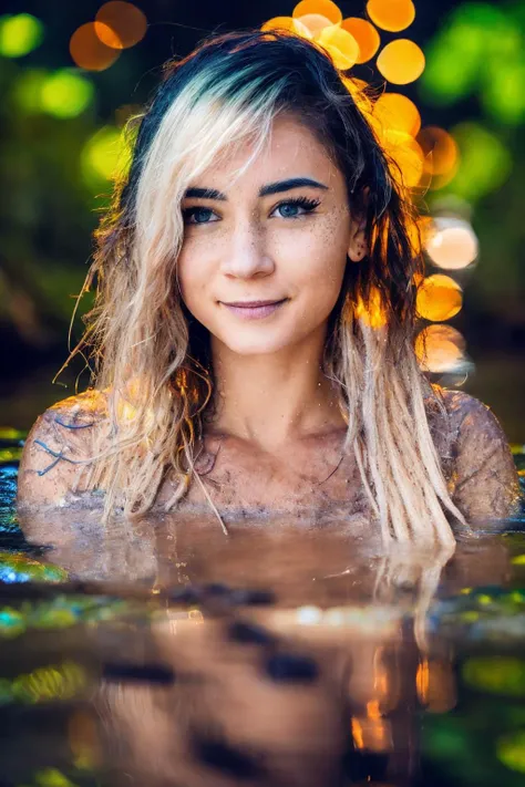 a photo of a zayuri women in the rain forest, she is swimming in a dirty river, 
platinum blonde hair, brown eyes, smile,big tits, very long hair,topless, [freckles], 
(((night time))),
photography, high definition, highly detailed, hyper detailed, ultra realism, photorealistic, cinematic light, dynamic lighting, studio quality, very intricate, smooth, sharp focus, lightrays, award winning, 8 k, vibrante, vibrante colors, vibrante colours, digital vibrance, high quality, highres, absurdres, 8 k, depth of field, 8k,
<lora:zayuri:1>