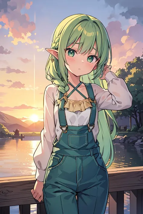 (masterpiece, best quality),female teenager, statuesque, european, dark green eyes, gauged ears, long nose, square jaw, , mint green waterfall braid hair, amusement wearing capri overalls, bralette, loafers, , hair toss, tossing hair back, creating a dramatic and enticing effect, sunset lighting, the warm, golden glow of a sunset, adding a romantic and enchanting feel to the scene, a peaceful lakeside retreat, with serene waters and people enjoying recreational activities